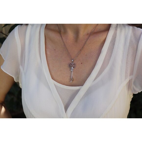 Heart Key Heart Necklace Sterling Silver Cz accents 16 inch chain - Picture 4 of 9